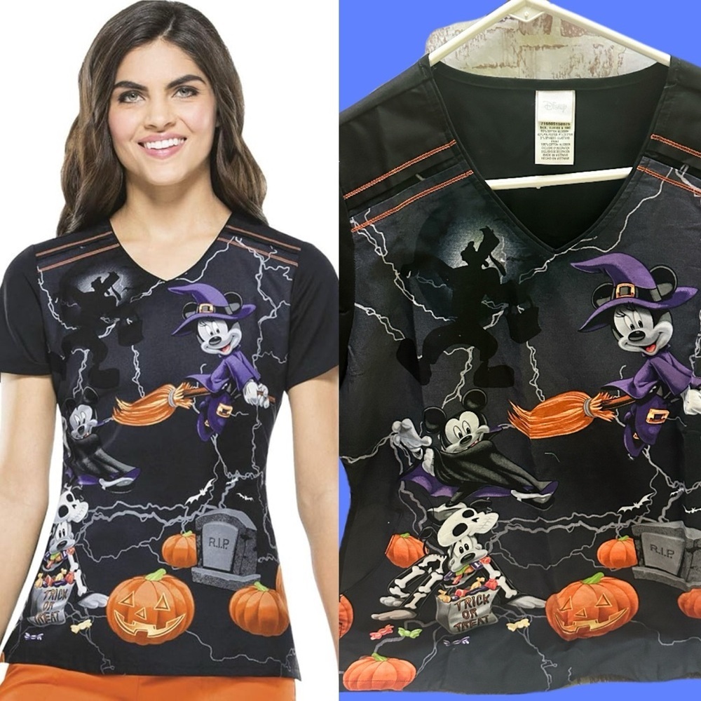 Disney Minnie Mouse Halloween Scrub Black and Gray V-Neck Shirt M